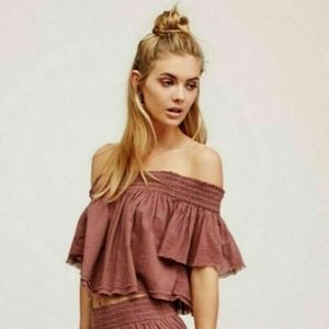 Free People Tropic Babe Smocked Off Shoulder Crop Top Mauve Pink Size XS